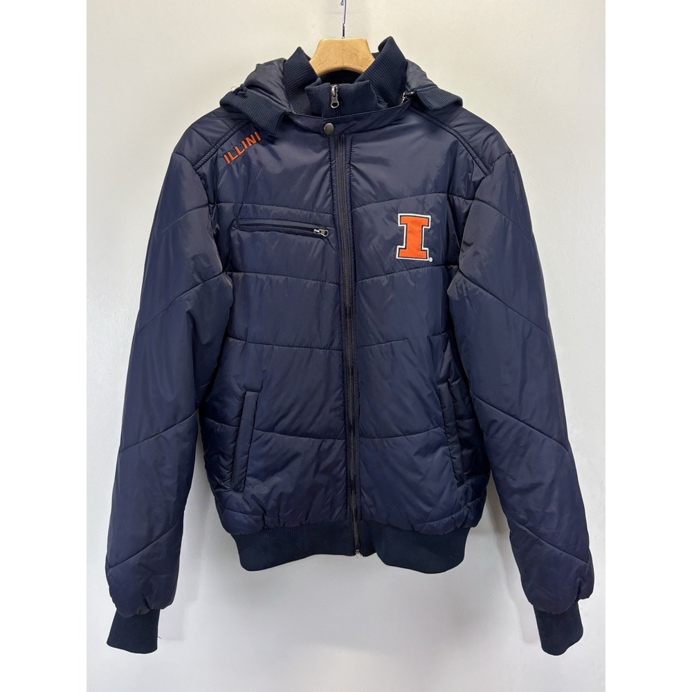 University Of Illinois Winter Jacket Men's L Navy Full Zip Puffer Hood Stadium